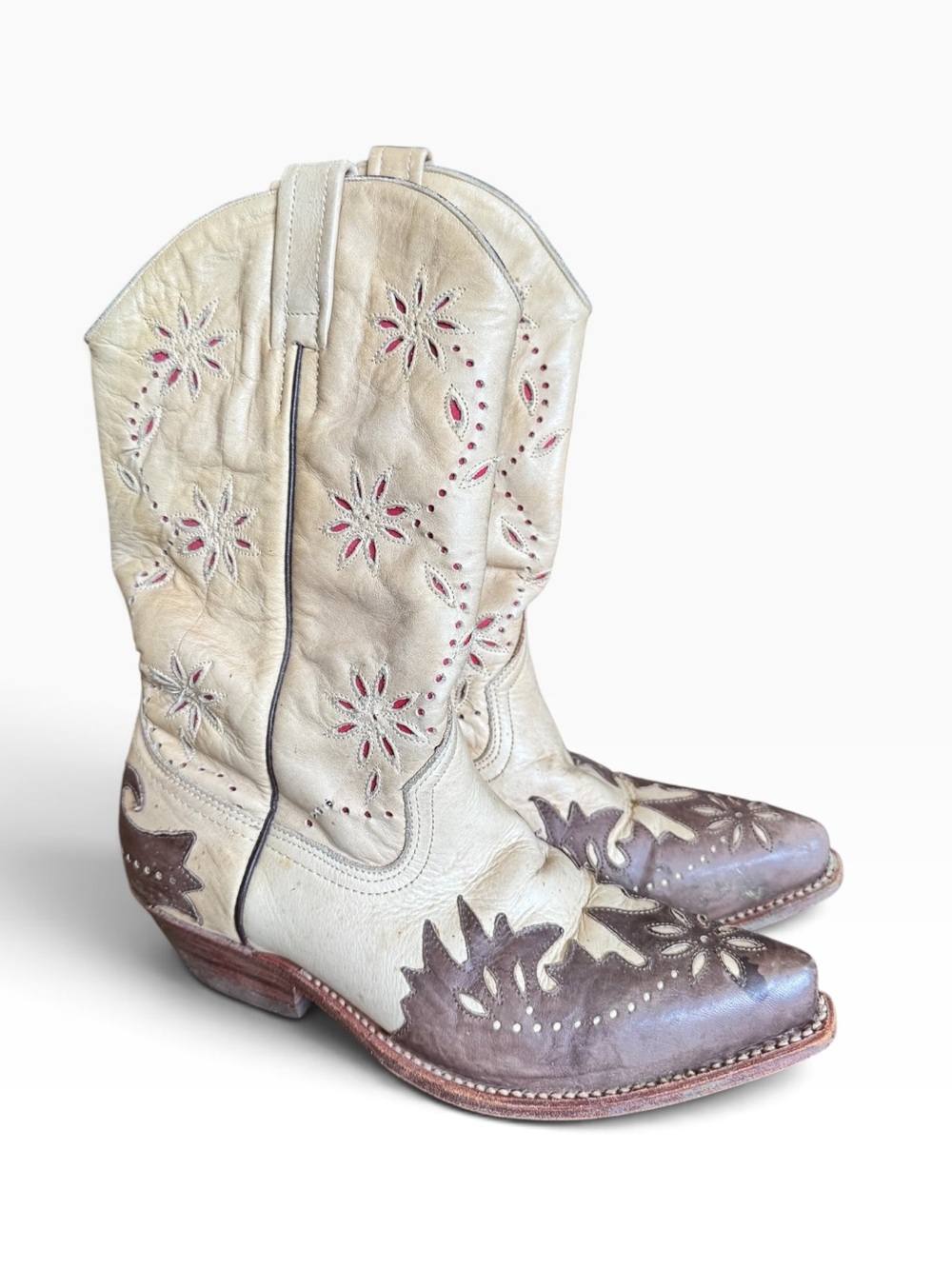 Vintage Loblan Cream Leather Floral Cutout Western Cowboy Boots